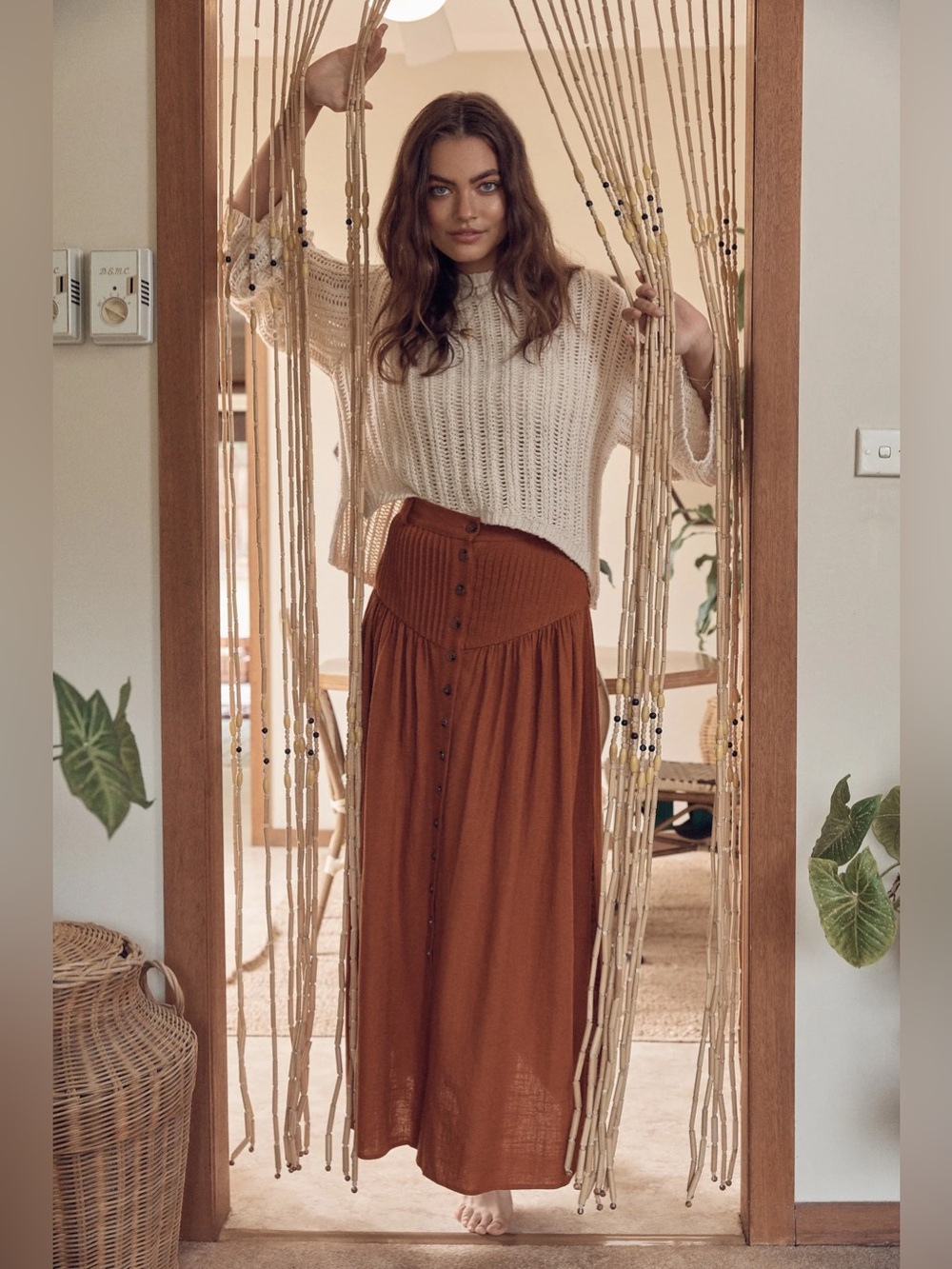 Spell Rani Rust Button-Front Maxi Skirt
